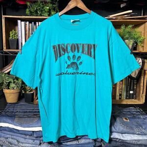 Vintage 90s Single Stitch Discovery Wolverines Tee Blue Dog Paw Print XL Shirt